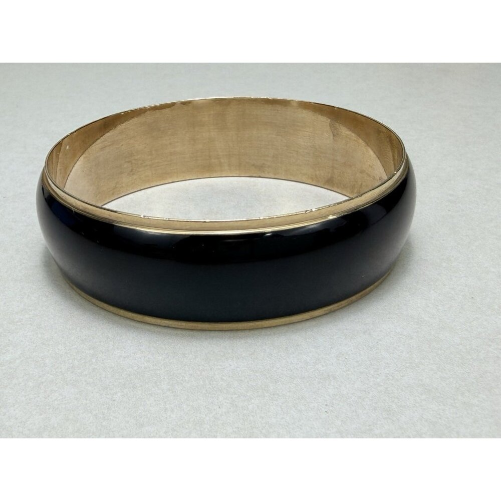Black Enamel Bangle Bracelet Gold Tone Trim Classic Wide Vintage Elegant Sz 8"